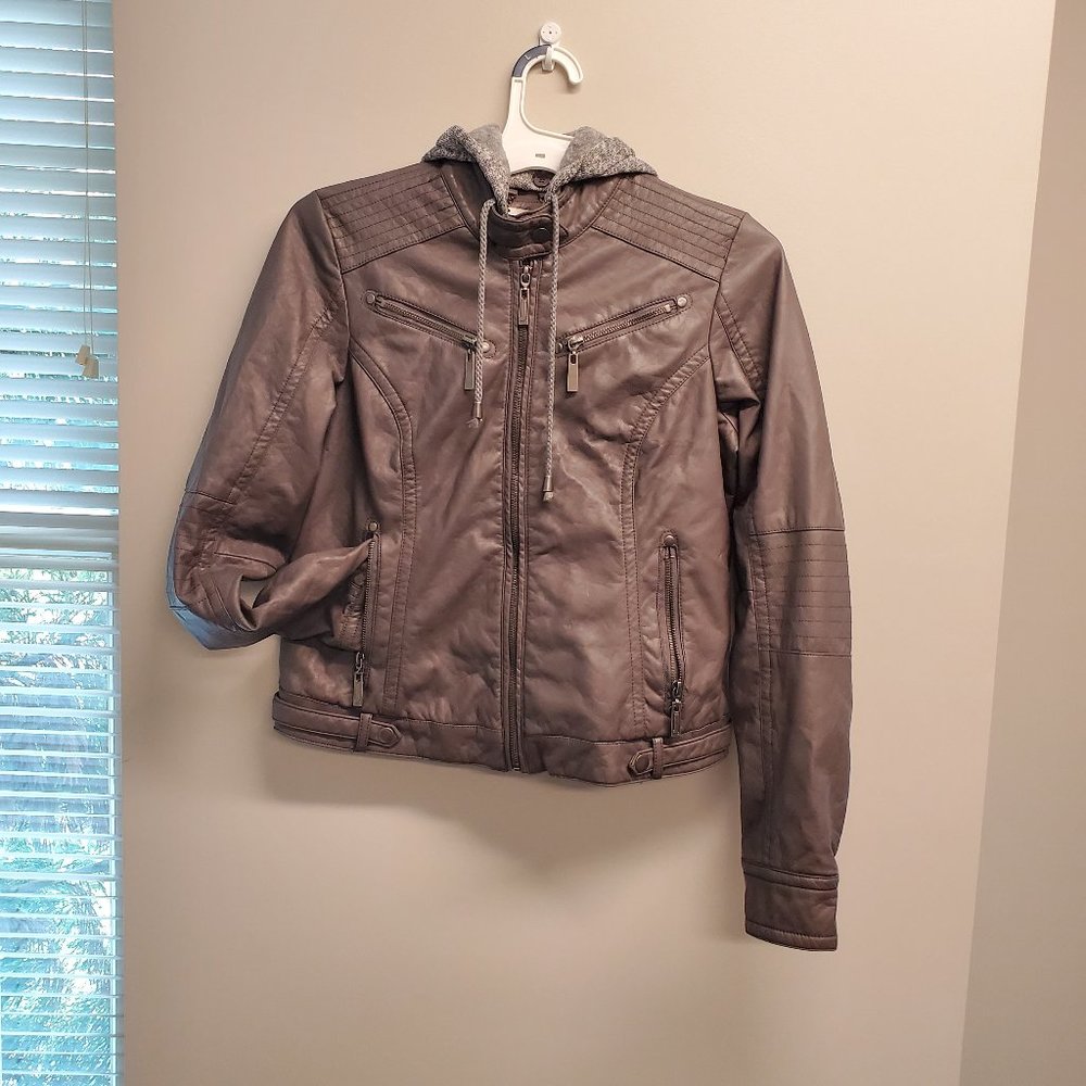 Jou Jou Gray Faux Leather Jacket with Jersey Knit Hood